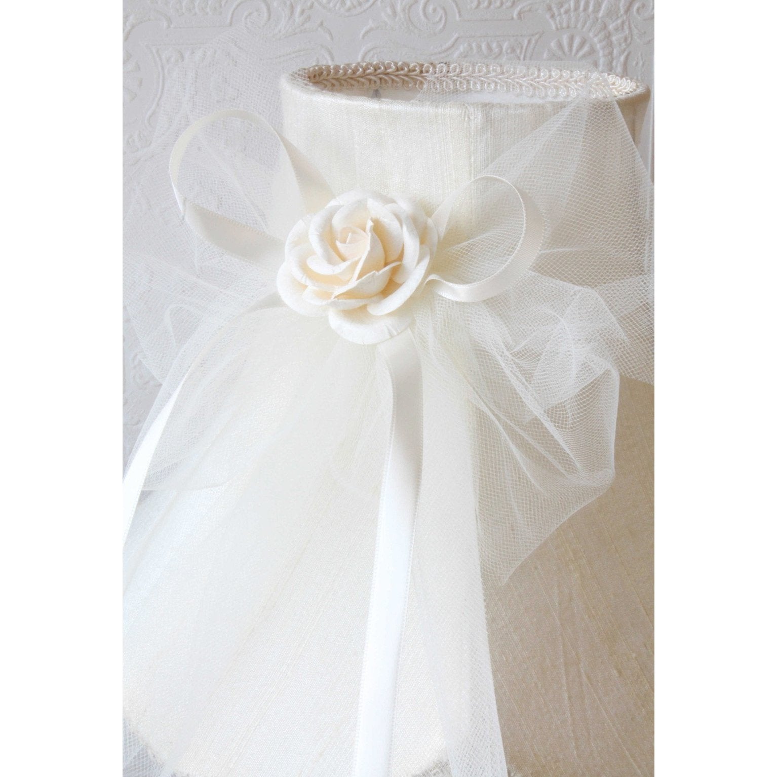 Cream Dupioni Silk Lamp Shade with Tulle Bow-Lamp Shades-Jack and Jill Boutique