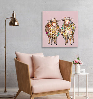 2 Woolly Sheep On Taupe or Rosey - Stretched Canvas-Wall Art-Jack and Jill Boutique