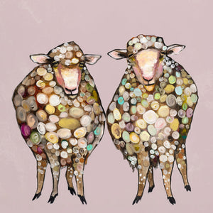 2 Woolly Sheep On Taupe or Rosey - Stretched Canvas-Wall Art-10x10 Canvas-Rosey-Jack and Jill Boutique