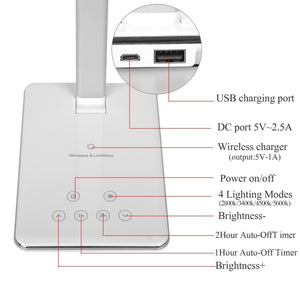 LED Desk Lamp with Qi-Enabled Wireless Charger, USB Charging Port, 2 Color Temperatures & 8 Brightness Levels, 1 Hour Timer-Table Lamp-Jack and Jill Boutique