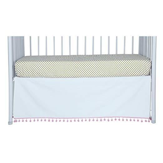 Flat White Denim Pom Pom Crib Skirt (Pink)-Crib Skirt-Jack and Jill Boutique