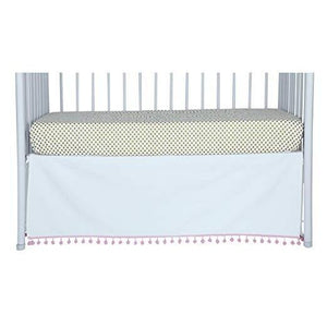 Flat White Denim Pom Pom Crib Skirt (Pink)-Crib Skirt-Jack and Jill Boutique