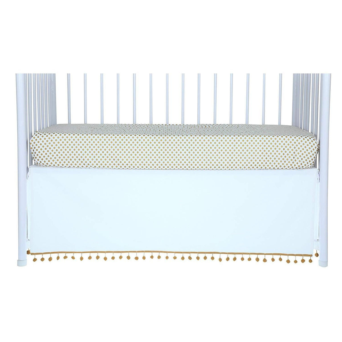 Flat White Denim Pom Pom Crib Skirt Mustard Jack and Jill Boutique