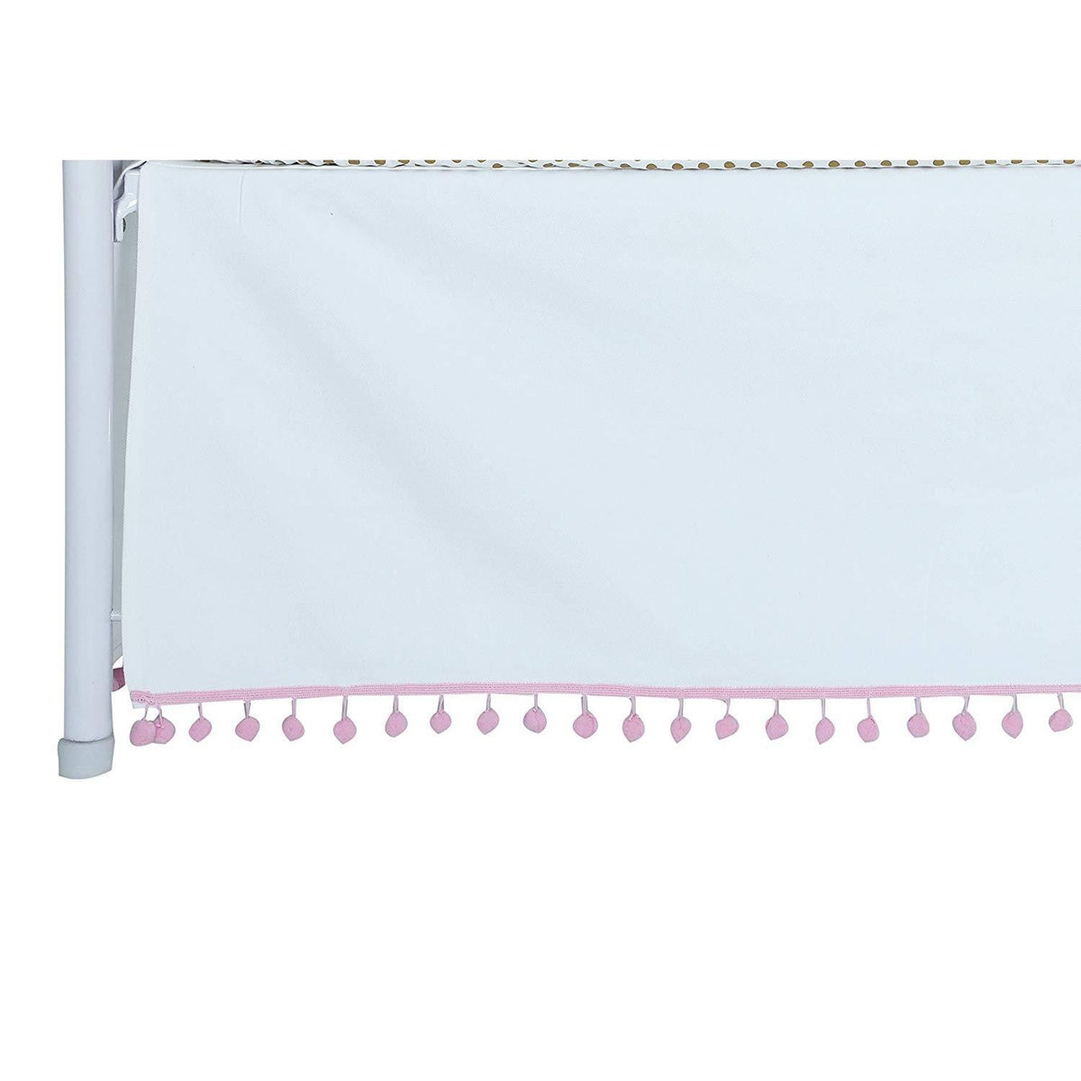 Flat White Denim Pom Pom Crib Skirt (Pink)-Crib Skirt-Jack and Jill Boutique