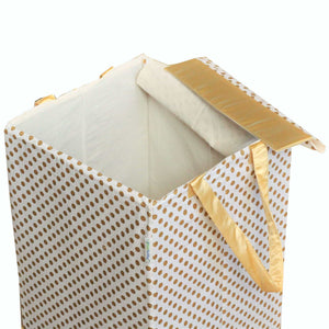 Metallic Fabric Collapsible Cotton Storage Basket or Bin with Gold Satin Highlights, Home Organizer Solution for Office, Bedroom, Closet, Toys, Laundry (Medium – 16x12x12"), Gold Small Dots Hamper-Hamper-Jack and Jill Boutique