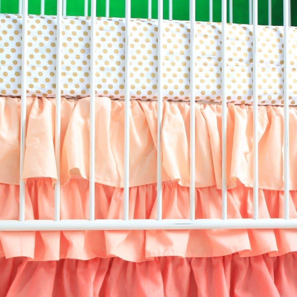 Alexa's Girl Baby Bedding - Gold Dots with Peach and Coral Waterfall Ruffled Skirt-Crib Bedding Set-Jack and Jill Boutique