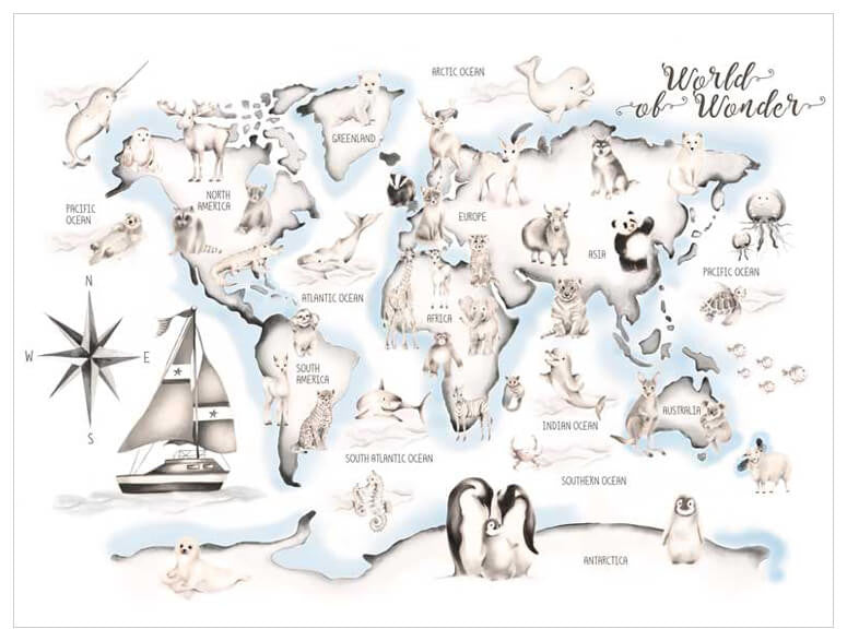 Animal World Map - Blue Sailboat Wall Art-Wall Art-Jack and Jill Boutique