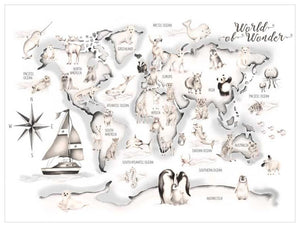 Animal World Map - Grey Sailboat Wall Art-Wall Art-Jack and Jill Boutique