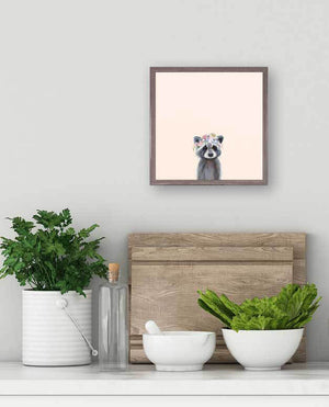 Baby Raccoon With Flowers - Cream Mini Framed Canvas-Mini Framed Canvas-Jack and Jill Boutique