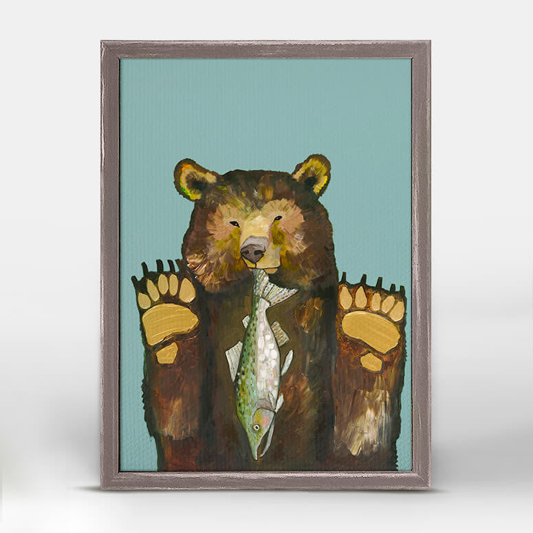 Bear With Salmon - Mini Framed Canvas-Mini Framed Canvas-Jack and Jill Boutique