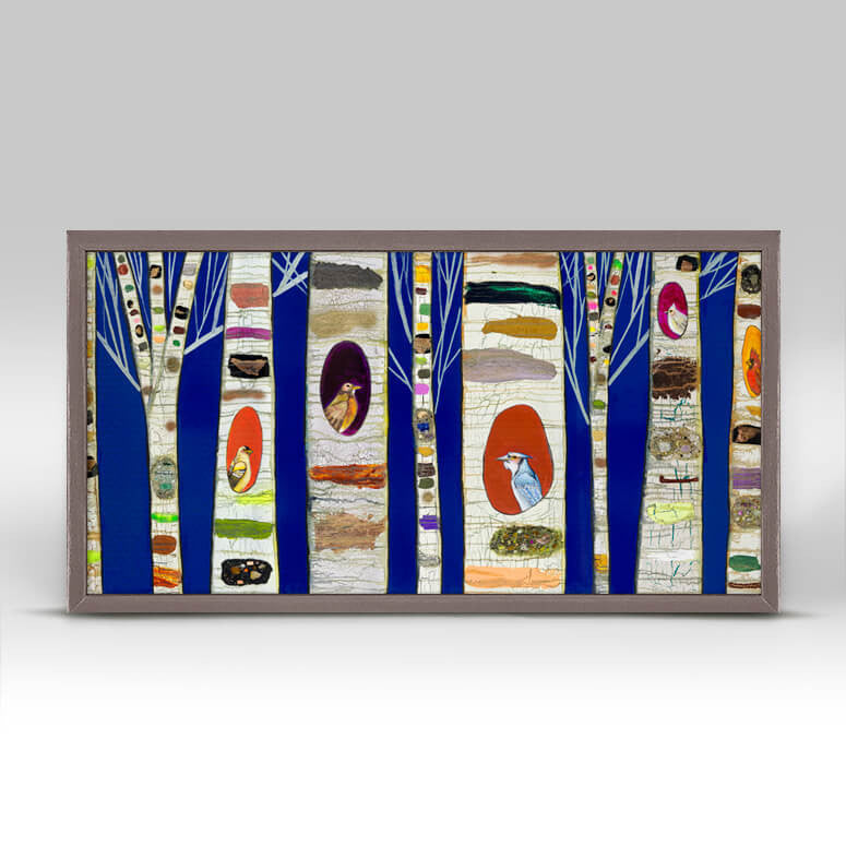 Birch Tree With Wild Birds - Cobalt Mini Framed Canvas-Mini Framed Canvas-Jack and Jill Boutique