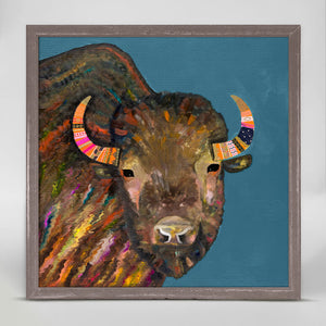 Bison With Ribbons In Her Hair - Blue Mini Framed Canvas-Mini Framed Canvas-Jack and Jill Boutique