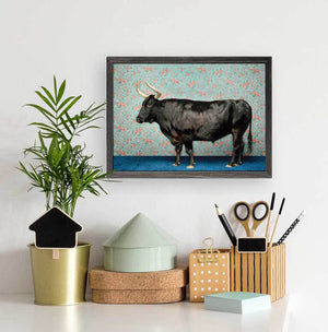 Bull On Blue - Mini Framed Canvas-Mini Framed Canvas-Jack and Jill Boutique