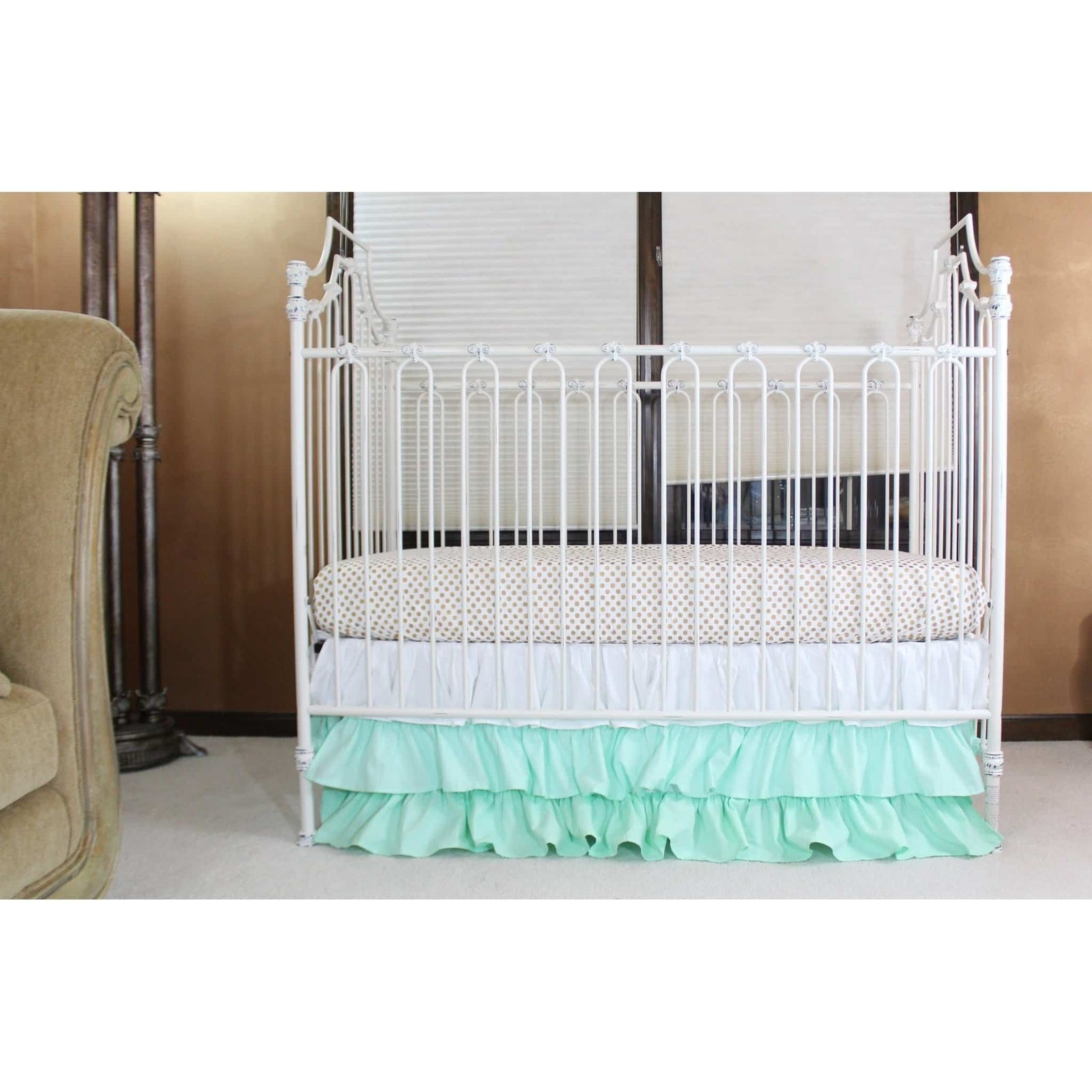 Chrissy's Girl Baby Bedding - Metallic Gold Dots with White to Mint Ombre Waterfall Ruffle Skirt-Crib Bedding Set-Jack and Jill Boutique