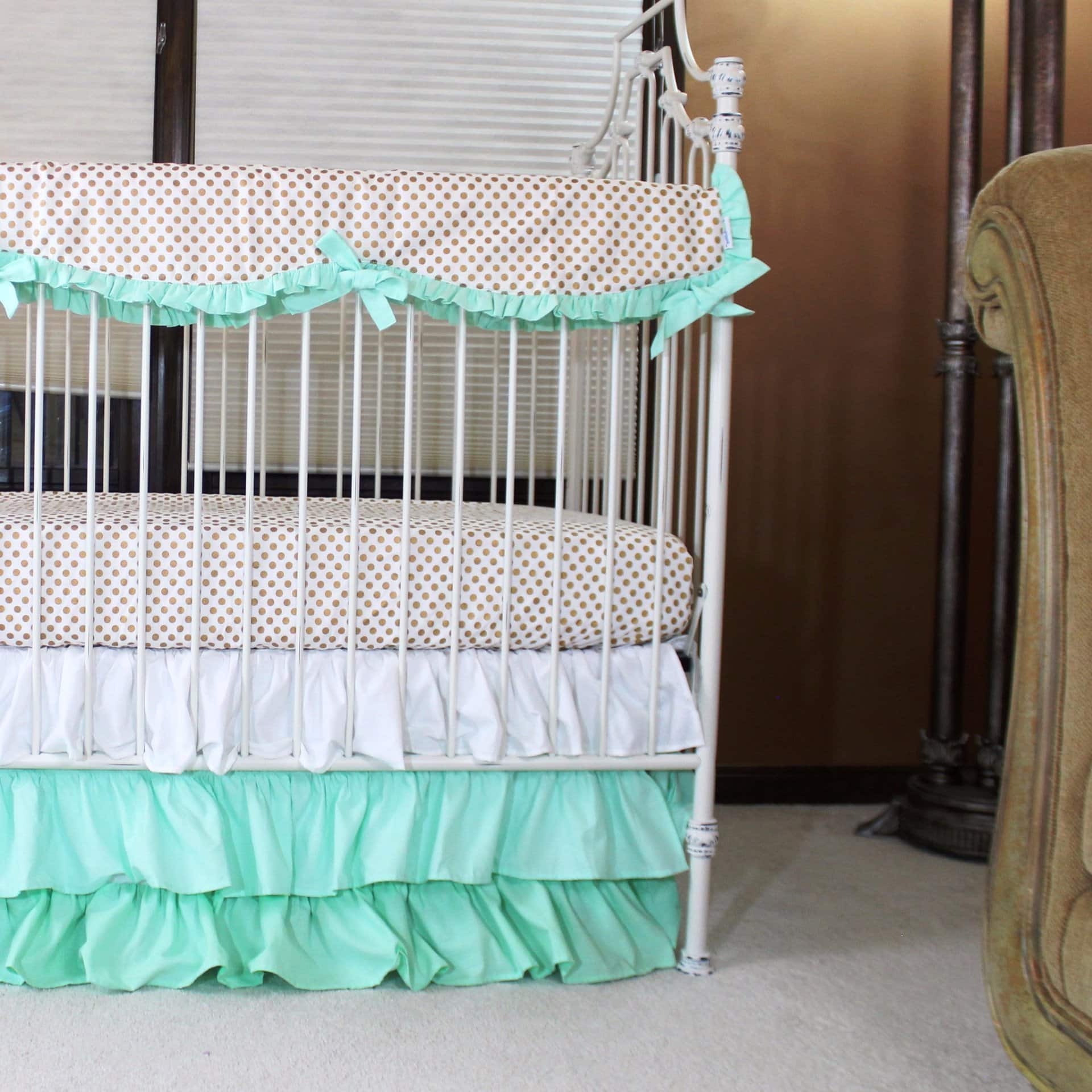 Chrissy's Girl Baby Bedding - Metallic Gold Dots with White to Mint Ombre Waterfall Ruffle Skirt-Crib Bedding Set-Jack and Jill Boutique