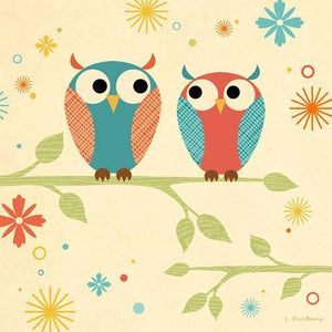 Coral and Blue Owls on a Branch | Canvas Wall Art-Canvas Wall Art-Jack and Jill Boutique