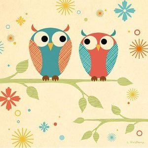 Coral and Blue Owls on a Branch | Canvas Wall Art-Canvas Wall Art-Jack and Jill Boutique