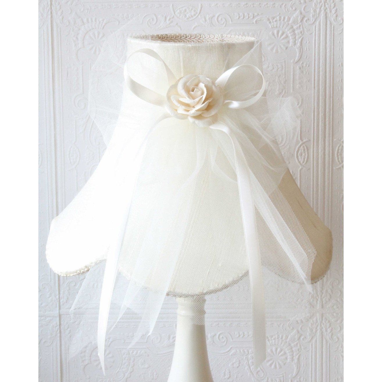 Cream Dupioni Silk Lamp Shade with Tulle Bow-Lamp Shades-Jack and Jill Boutique