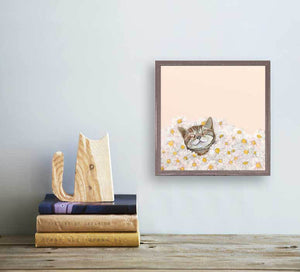 Feline Friends - Happy As A Cat In Daisies Mini Framed Canvas-Mini Framed Canvas-Jack and Jill Boutique