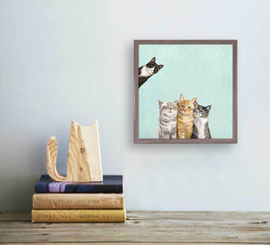 Feline Friends - Three Cats Plus One - Aqua Mini Framed Canvas-Mini Framed Canvas-Jack and Jill Boutique