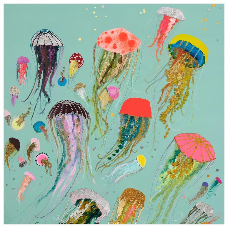 Floating Jellyfish - Metallic Embellished Canvas Wall Art-Wall Art-21x21 Canvas-Jack and Jill Boutique