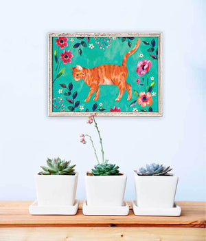 Garden Cat On Teal - Mini Framed Canvas-Mini Framed Canvas-Jack and Jill Boutique