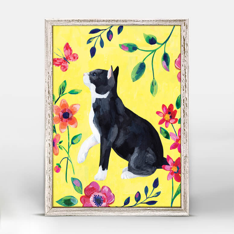 Garden Cat On Yellow - Mini Framed Canvas-Mini Framed Canvas-Jack and Jill Boutique