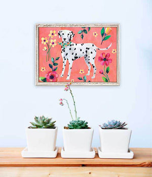 Garden Pup On Coral - Mini Framed Canvas-Mini Framed Canvas-Jack and Jill Boutique
