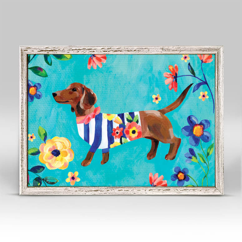 Garden Pup On Turquoise - Mini Framed Canvas-Mini Framed Canvas-Jack and Jill Boutique
