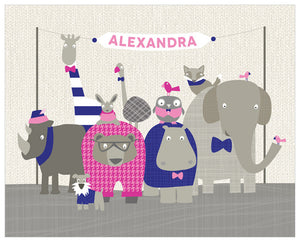 Happy Animal Herd - Pink & Navy Wall Art-Wall Art-Jack and Jill Boutique