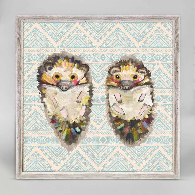 Hedgehog Duo On Bohemian Pattern - Mini Framed Canvas-Mini Framed Canvas-Jack and Jill Boutique