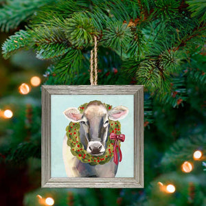 Holiday - Festive Cow Embellished Wooden Framed Ornament-ornaments-Jack and Jill Boutique