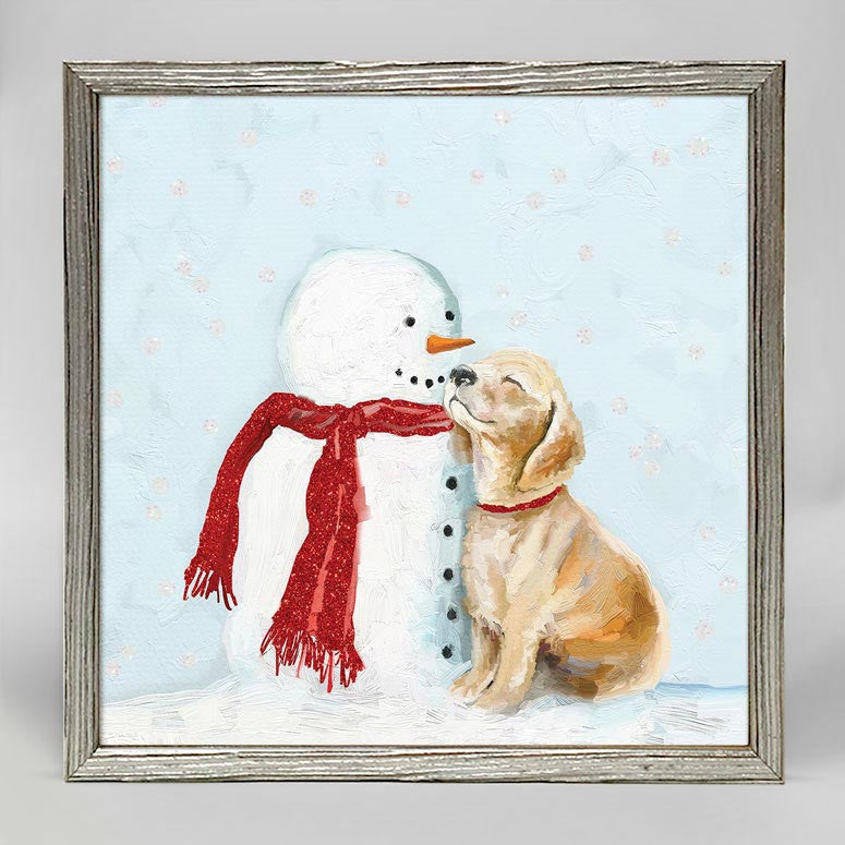 Holiday - Puppy With Snowman Embellished Mini Framed Canvas-Mini Framed Canvas-Jack and Jill Boutique