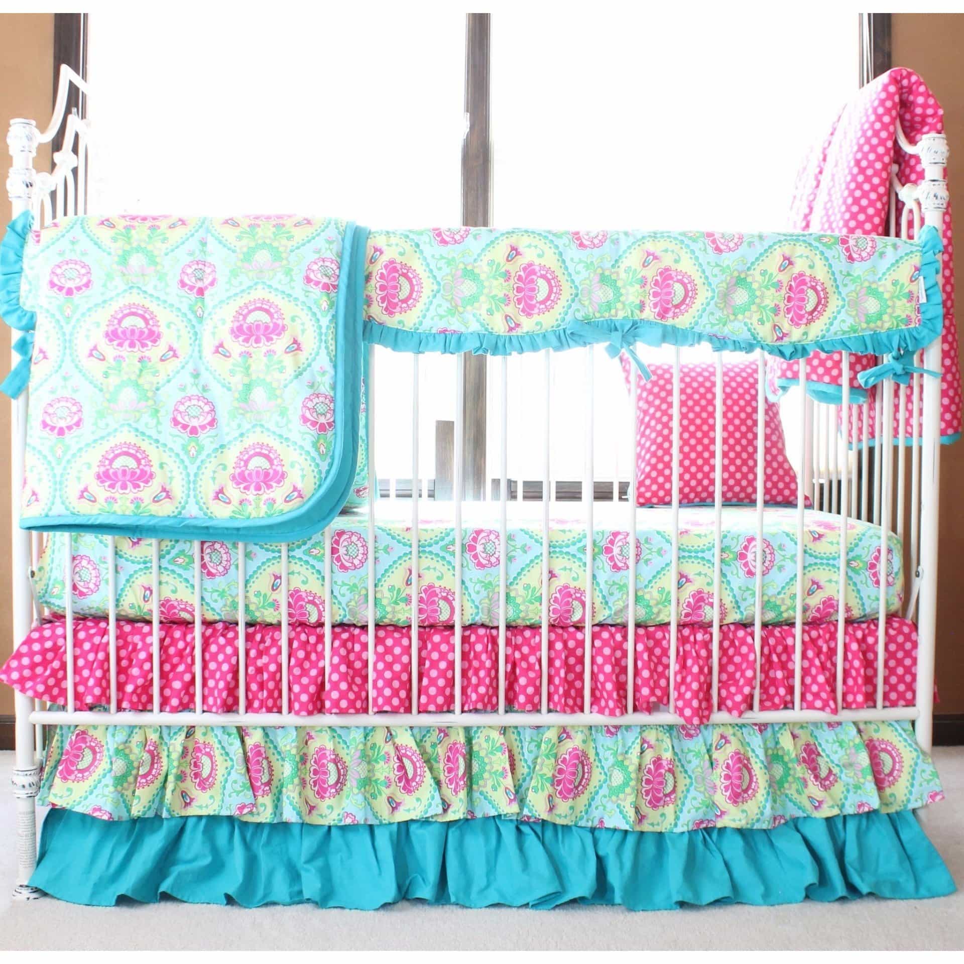 Lavinia Aqua Ruffled Crib Baby Bedding Set-Crib Bedding Set-Sheet Skirt Comforter and Railcover-Jack and Jill Boutique
