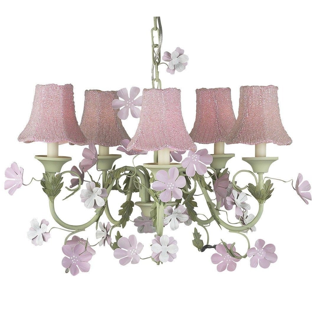 Eleanor Leaf and Flower Pink and Green Five-Light Mini Chandelier with Glass Bead on Fabric Pink Chandelier Shades-Chandeliers-Jack and Jill Boutique