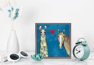 Llama Loves Horse - Blue Mini Framed Canvas-Mini Framed Canvas-Jack and Jill Boutique