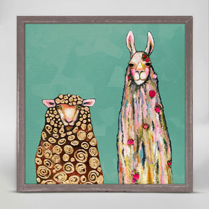 Llama Loves Sheep On Teal - Mini Framed Canvas-Mini Framed Canvas-Jack and Jill Boutique