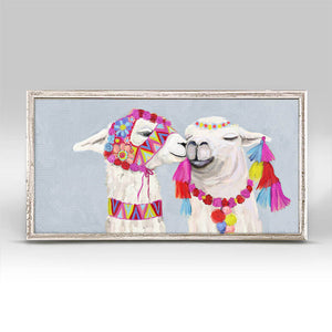 Llama Pair With Poms - Soft Blue Mini Framed Canvas-Mini Framed Canvas-Jack and Jill Boutique