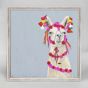 Llama With Poms - Soft Blue Mini Framed Canvas-Mini Framed Canvas-Jack and Jill Boutique
