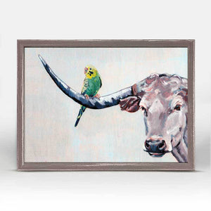 Longhorn Louie With Parakeet - Mini Framed Canvas-Mini Framed Canvas-Jack and Jill Boutique