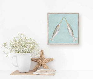Narwhal Duo On Aqua - Mini Framed Canvas-Mini Framed Canvas-Jack and Jill Boutique