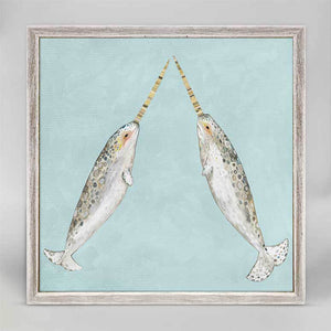 Narwhal Duo On Aqua - Mini Framed Canvas-Mini Framed Canvas-Jack and Jill Boutique