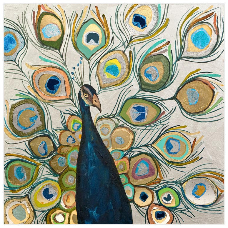 Peacock Pearl White - Metallic Embellished Canvas Wall Art-Wall Art-24x24 Canvas-Jack and Jill Boutique