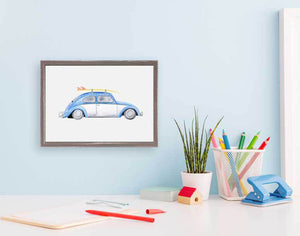 Planes, Trains & Autos - Blue VW Beetle Mini Framed Canvas-Mini Framed Canvas-Jack and Jill Boutique