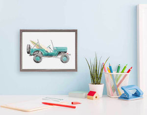 Planes, Trains & Autos - Teal Jeep Mini Framed Canvas-Mini Framed Canvas-Jack and Jill Boutique