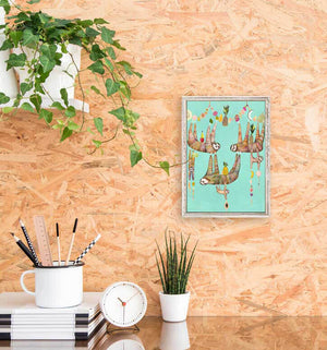 Sloth Family's Fruit Basket - Aqua Mini Framed Canvas-Mini Framed Canvas-Jack and Jill Boutique