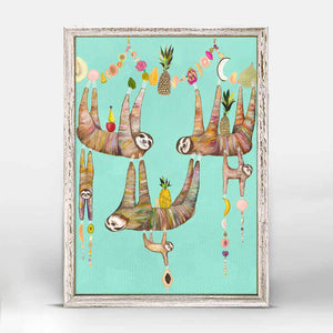 Sloth Family's Fruit Basket - Aqua Mini Framed Canvas-Mini Framed Canvas-Jack and Jill Boutique