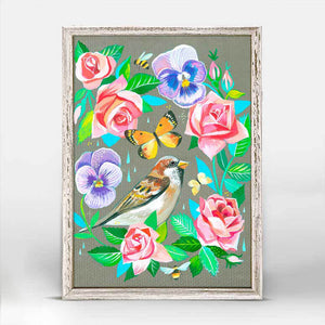 Sparrow In Roses - Mini Framed Canvas-Mini Framed Canvas-Jack and Jill Boutique