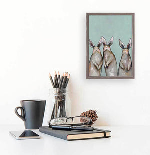 Three Standing Rabbits on Blue Mini Framed Canvas-Mini Framed Canvas-Jack and Jill Boutique