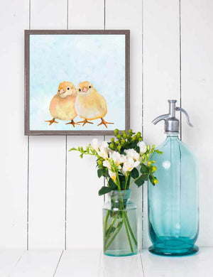 Two Chicks On Blue Mini Framed Canvas-Mini Framed Canvas-Jack and Jill Boutique